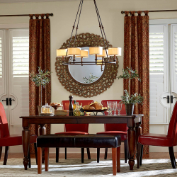 Shutters with Custom Print Drapes in Formal Dining Room
