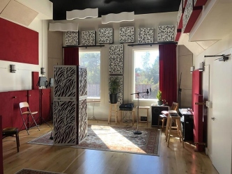 Red Commercial Window Coverings in Northern California Recording Studio (Open)