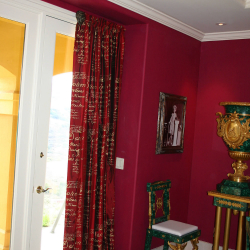 Red Silk Side Panel Drapes on Door