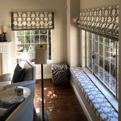 Patterned Roman Shades & Window Cushion in Living Room
