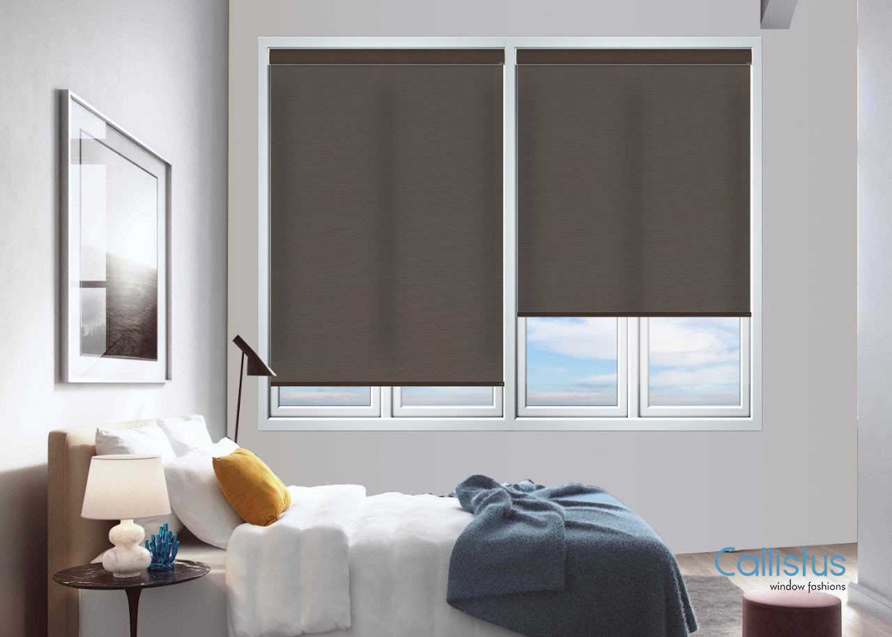 Roller blinds with grey color in white room from Callistus