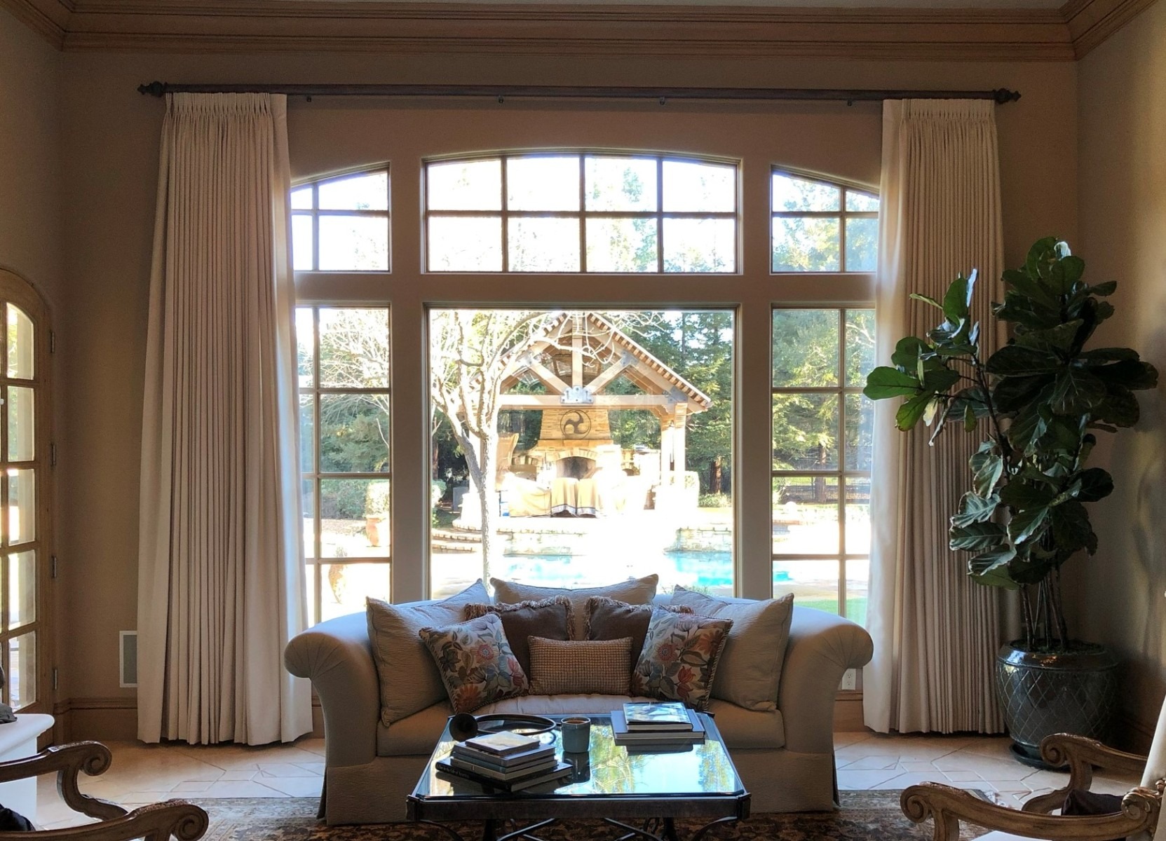 Cream Drapes with Curtain Rod in Living room