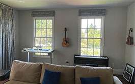 residential musicroom custom patterned ribbed roman shades open